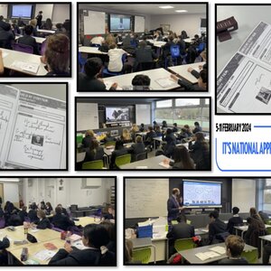 Various images of students working in the classroom and the National Apprenticeships logo